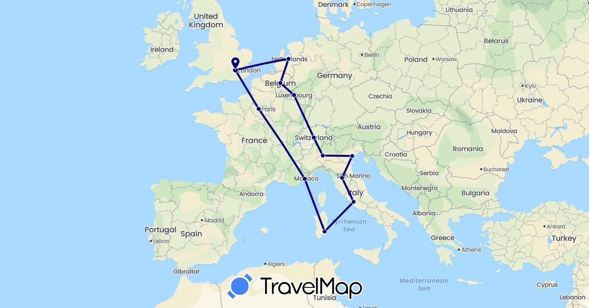 TravelMap itinerary: driving in Belgium, Switzerland, France, United Kingdom, Italy, Luxembourg, Netherlands (Europe)